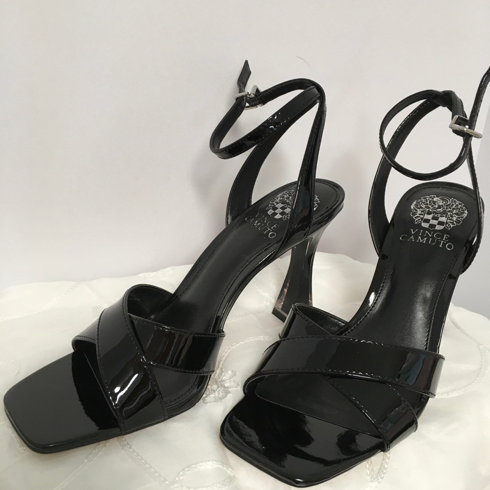 Vince Camuto Reletty Black Patent Cross-Strap Square-Toe Heels